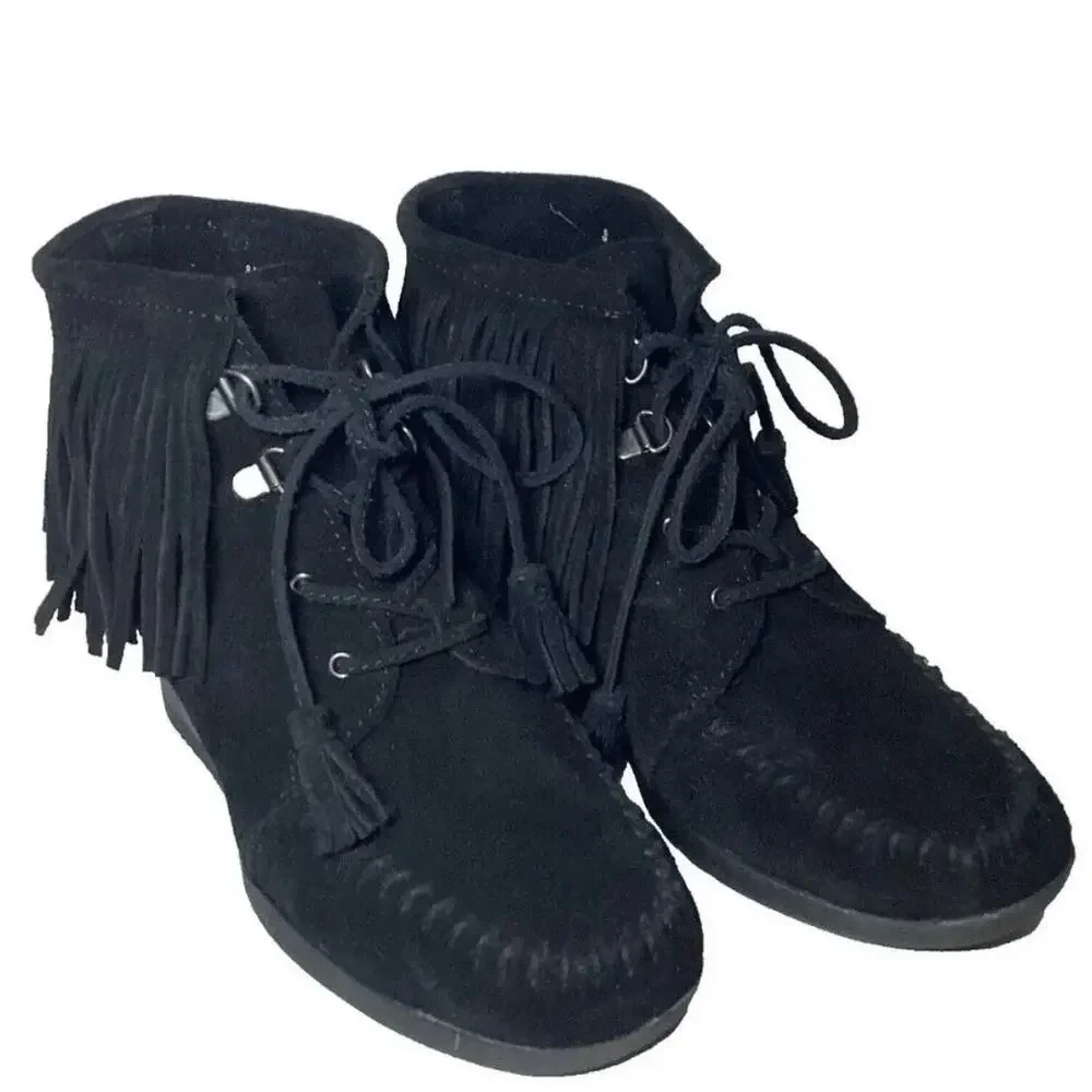 MINNETONKA Womens Black Suede Fringe WEDGE Booties Size 8.5 LACE Up
